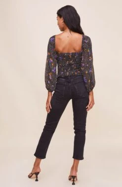 Shirred Long Sleeve Floral Smocked Top -Chic Ladies Wear Shop AT15780 BLACKPURPLEFLORAL 10