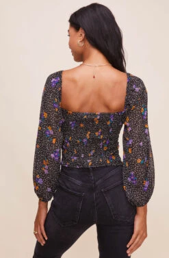 Shirred Long Sleeve Floral Smocked Top -Chic Ladies Wear Shop AT15780 BLACKPURPLEFLORAL 11