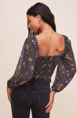 Shirred Long Sleeve Floral Smocked Top -Chic Ladies Wear Shop AT15780 BLACKPURPLEFLORAL 12