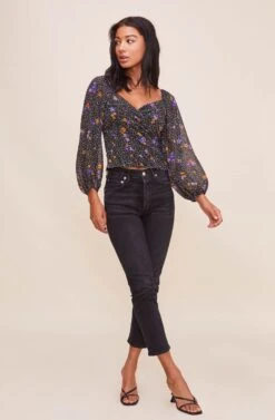 Shirred Long Sleeve Floral Smocked Top -Chic Ladies Wear Shop AT15780 BLACKPURPLEFLORAL 4