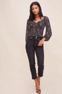 Shirred Long Sleeve Floral Smocked Top -Chic Ladies Wear Shop AT15780 BLACKPURPLEFLORAL 5