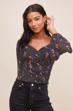 Shirred Long Sleeve Floral Smocked Top -Chic Ladies Wear Shop AT15780 BLACKPURPLEFLORAL 6
