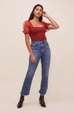 Darling Sheer Puff Sleeve Bodysuit -Chic Ladies Wear Shop AT15988 WINE 1