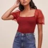 Darling Sheer Puff Sleeve Bodysuit -Chic Ladies Wear Shop AT15988 WINE 3
