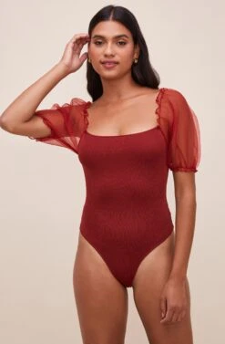 Darling Sheer Puff Sleeve Bodysuit -Chic Ladies Wear Shop AT15988 WINE 7