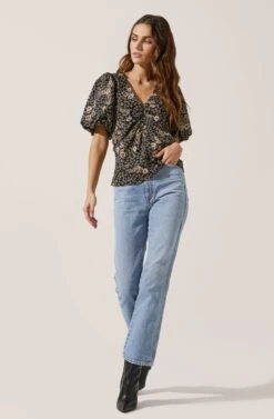 Deep V Balloon Sleeve Top -Chic Ladies Wear Shop AT16293 BLACK TAUPEMULTIFLORAL 1
