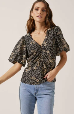 Deep V Balloon Sleeve Top -Chic Ladies Wear Shop AT16293 BLACK TAUPEMULTIFLORAL 2