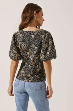 Deep V Balloon Sleeve Top -Chic Ladies Wear Shop AT16293 BLACK TAUPEMULTIFLORAL 4