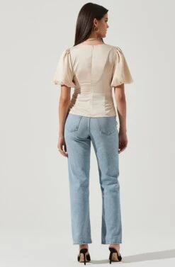 Deep V Balloon Sleeve Top -Chic Ladies Wear Shop AT16293 CHAMPAGNE 3