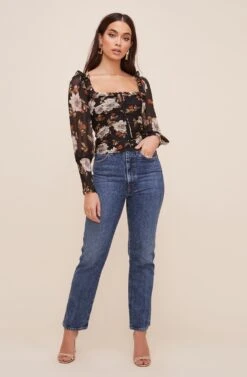 Square Neck Ruched Floral Top -Chic Ladies Wear Shop AT16433 BLACKMULTIFLORAL 1