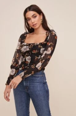 Square Neck Ruched Floral Top -Chic Ladies Wear Shop AT16433 BLACKMULTIFLORAL 2