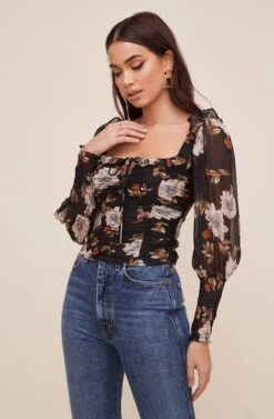 Square Neck Ruched Floral Top -Chic Ladies Wear Shop AT16433 BLACKMULTIFLORAL 3