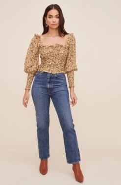 Square Neck Ruched Floral Top -Chic Ladies Wear Shop AT16433 IVORY MUSTARDFLORAL 3