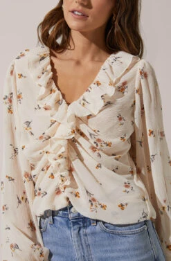Long Sleeve Ruffle Neck Top 8 Long Sleeve Ruffle Neck Top -Chic Ladies Wear Shop AT16502 CREAMMUSTARDMULTIFLORAL 3
