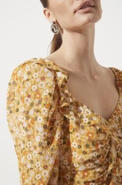 Ruched Sleeve Sweetheart Top 12 Ruched Sleeve Sweetheart Top -Chic Ladies Wear Shop AT16558 MUSTARD ORANGE DITSY 1022