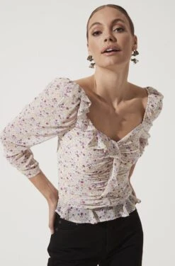 Ruched Sleeve Sweetheart Top 14 Ruched Sleeve Sweetheart Top -Chic Ladies Wear Shop AT16558 PURPLE MUSTARD DITSY 1025