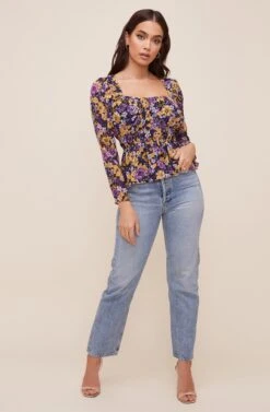 Cinched Waist Long Sleeve Top -Chic Ladies Wear Shop AT16579 MUSTARDPURPLEFLORAL 1