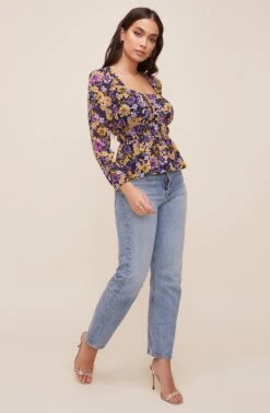 Cinched Waist Long Sleeve Top -Chic Ladies Wear Shop AT16579 MUSTARDPURPLEFLORAL 2