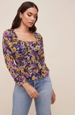 Cinched Waist Long Sleeve Top -Chic Ladies Wear Shop AT16579 MUSTARDPURPLEFLORAL 3