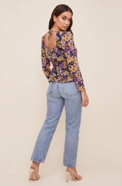 Cinched Waist Long Sleeve Top -Chic Ladies Wear Shop AT16579 MUSTARDPURPLEFLORAL 5