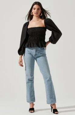 Long Bubble Sleeve Smocked Top -Chic Ladies Wear Shop AT16687L BLACK 1