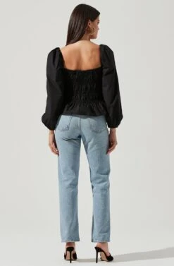 Long Bubble Sleeve Smocked Top -Chic Ladies Wear Shop AT16687L BLACK 3