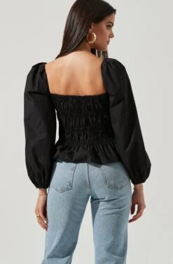 Long Bubble Sleeve Smocked Top -Chic Ladies Wear Shop AT16687L BLACK 4