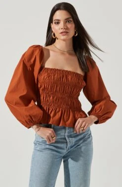 Long Bubble Sleeve Smocked Top -Chic Ladies Wear Shop AT16687L RUST 2