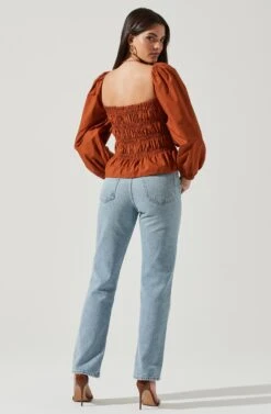 Long Bubble Sleeve Smocked Top -Chic Ladies Wear Shop AT16687L RUST 3