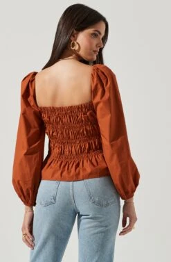 Long Bubble Sleeve Smocked Top -Chic Ladies Wear Shop AT16687L RUST 4