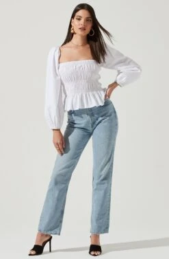 Long Bubble Sleeve Smocked Top -Chic Ladies Wear Shop AT16687L WHITE 1