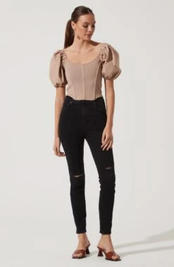 Puff Short Sleeve Top -Chic Ladies Wear Shop AT16690 TAUPE 1040