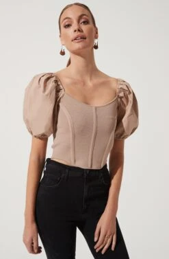 Puff Short Sleeve Top -Chic Ladies Wear Shop AT16690 TAUPE 1041