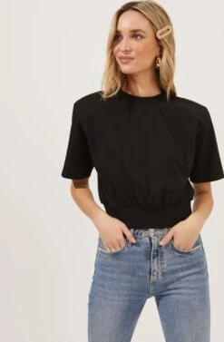 Volume Shoulder Short Sleeve Crop Tee 26 Volume Shoulder Short Sleeve Crop Tee -Chic Ladies Wear Shop AT16708 BLACK 2