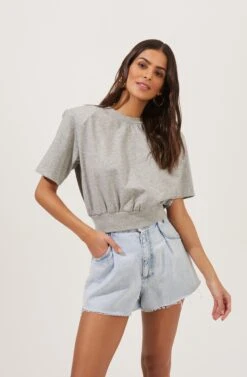 Volume Shoulder Short Sleeve Crop Tee 32 Volume Shoulder Short Sleeve Crop Tee -Chic Ladies Wear Shop AT16708 HEATHERGREY 2