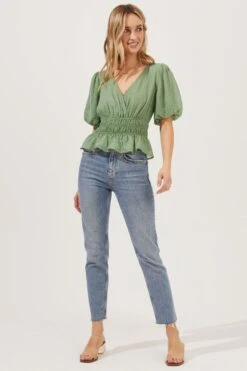 Bubble Sleeve Smocked Top -Chic Ladies Wear Shop AT16720 003 SAGE 2