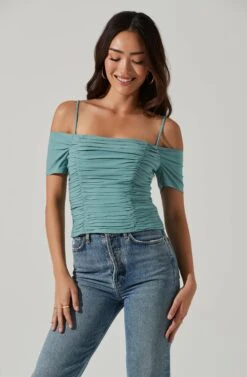 Ruched Off Shoulder Top -Chic Ladies Wear Shop AT16814B DARKSAGE 0485