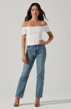Ruched Off Shoulder Top -Chic Ladies Wear Shop AT16814B WHITE 0454