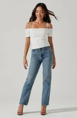 Ruched Off Shoulder Top -Chic Ladies Wear Shop AT16814B WHITE 0456