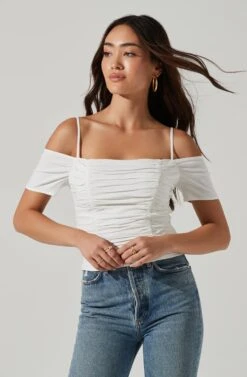 Ruched Off Shoulder Top -Chic Ladies Wear Shop AT16814B WHITE 0461