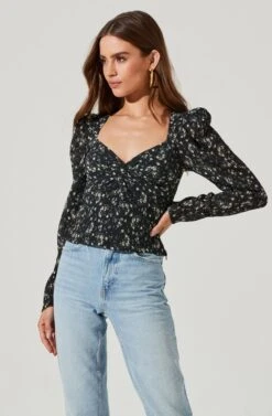 Long Sleeve Floral Cinched Bust Top -Chic Ladies Wear Shop AT16915B BLACKIVORYFLORAL 1806