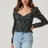 Long Sleeve Floral Cinched Bust Top -Chic Ladies Wear Shop AT16915B BLACKIVORYFLORAL 1811