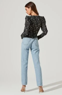 Long Sleeve Floral Cinched Bust Top -Chic Ladies Wear Shop AT16915B BLACKIVORYFLORAL 1819