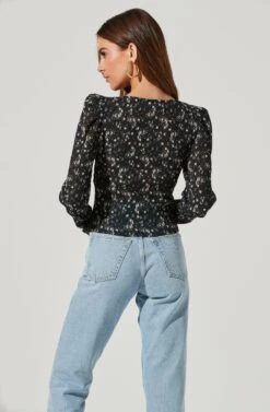 Long Sleeve Floral Cinched Bust Top -Chic Ladies Wear Shop AT16915B BLACKIVORYFLORAL 1827