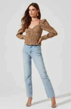 Long Sleeve Floral Cinched Bust Top -Chic Ladies Wear Shop AT16915B MUSTARDFLORAL 1410