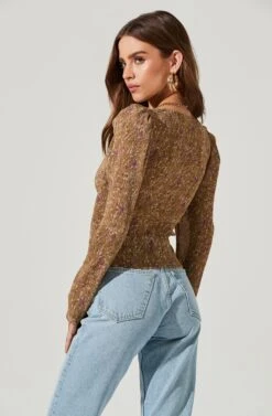 Long Sleeve Floral Cinched Bust Top -Chic Ladies Wear Shop AT16915B MUSTARDFLORAL 1426