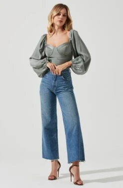 Long Sleeve Milkmaid Top -Chic Ladies Wear Shop AT16942 SAGE 1