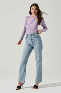 Long Sleeve Cutout Bodysuit -Chic Ladies Wear Shop AT16961 PURPLE 1