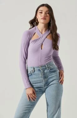 Long Sleeve Cutout Bodysuit -Chic Ladies Wear Shop AT16961 PURPLE 2