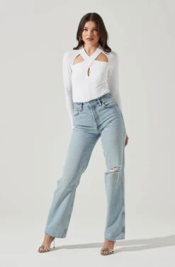Long Sleeve Cutout Bodysuit -Chic Ladies Wear Shop AT16961 WHITE 2